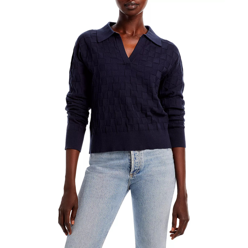 Monrow Checkered Woven Polo Sweater Navy Size L 1517